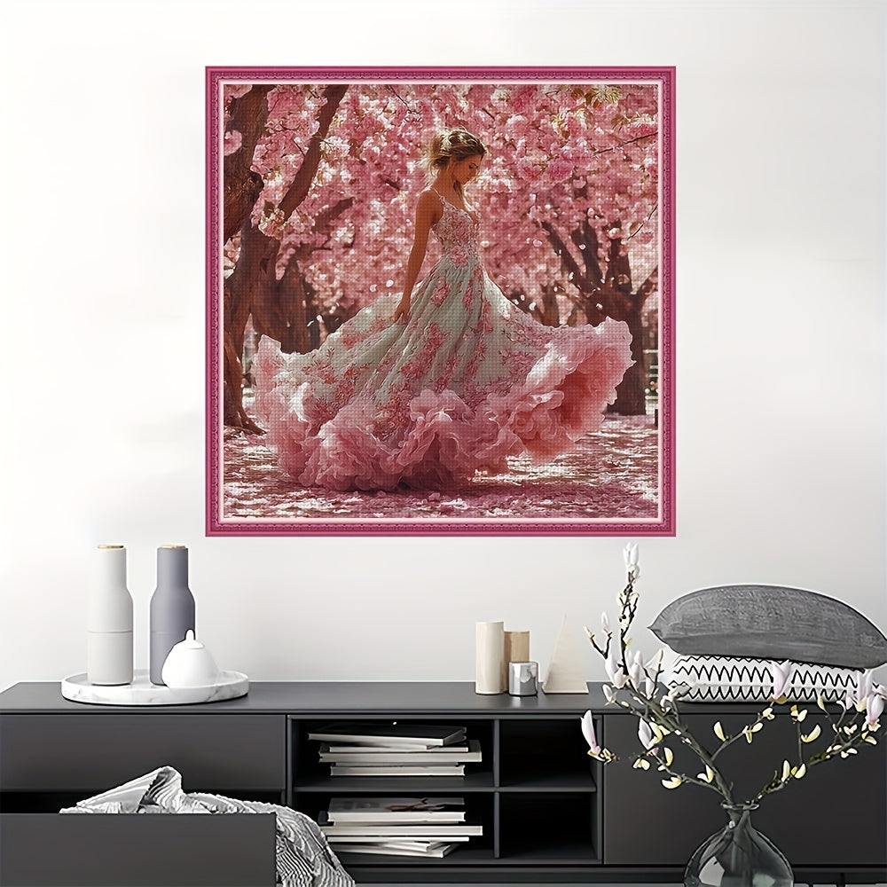Floral Embroidery Cross Stitch Kit - Vibrant Pink Cherry Blossom Design, Nylon Thread, All-Season Crafting, Intricate Floral Patterns for Home Decor, Embroidery Kit|Floral Embroidery|Detailed Embroidery, Cross Stitch Kits