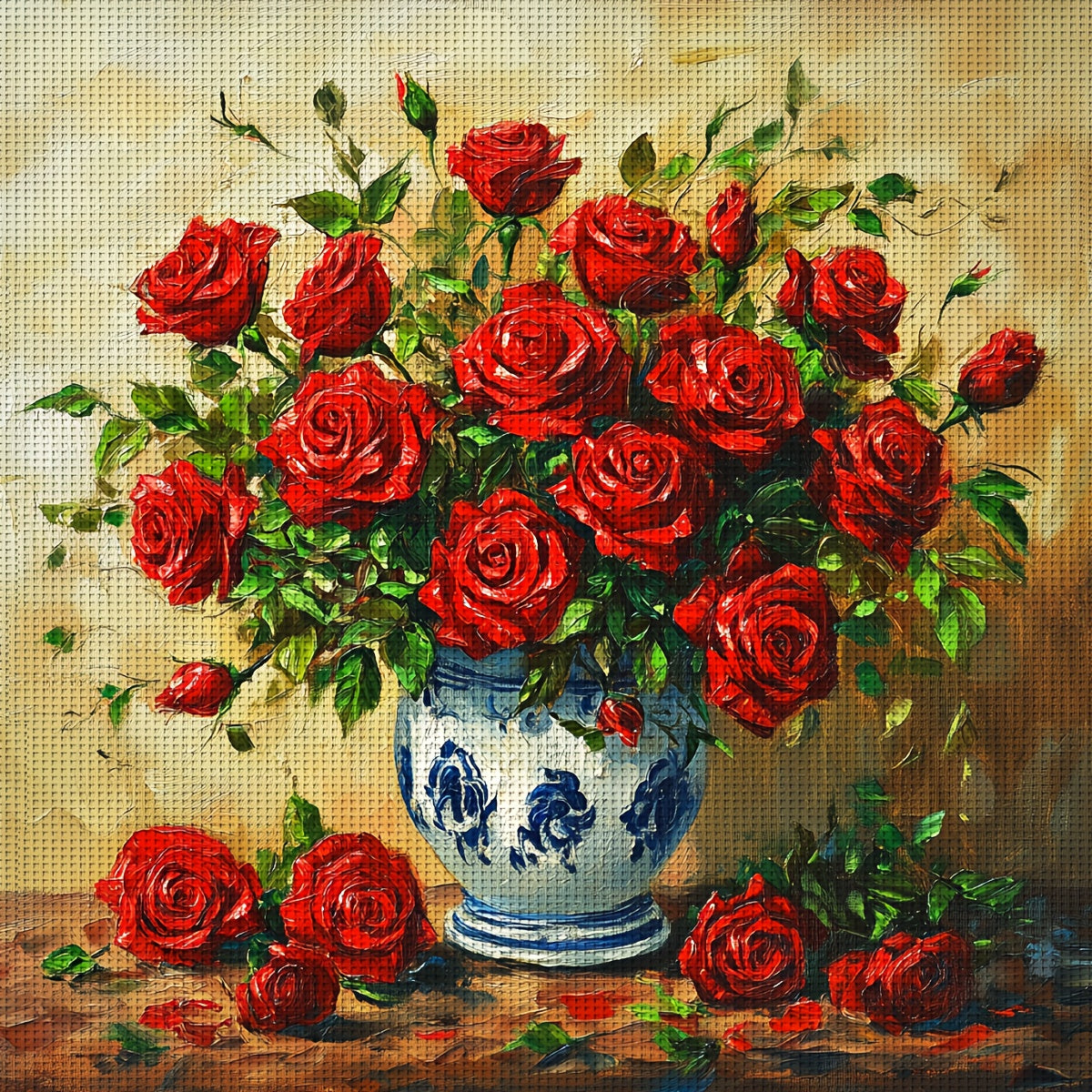 1pc JOZYSH 11CT/14CT Cross Stitch DIY Kit - Vibrant Red Rose Bouquet with Blue & White Vase, Perfect for Beginners, Includes Printed Canvas, Needles, Threads, Patterns & Instructions, Ideal for Home & Office Decor, Perfect Gi
