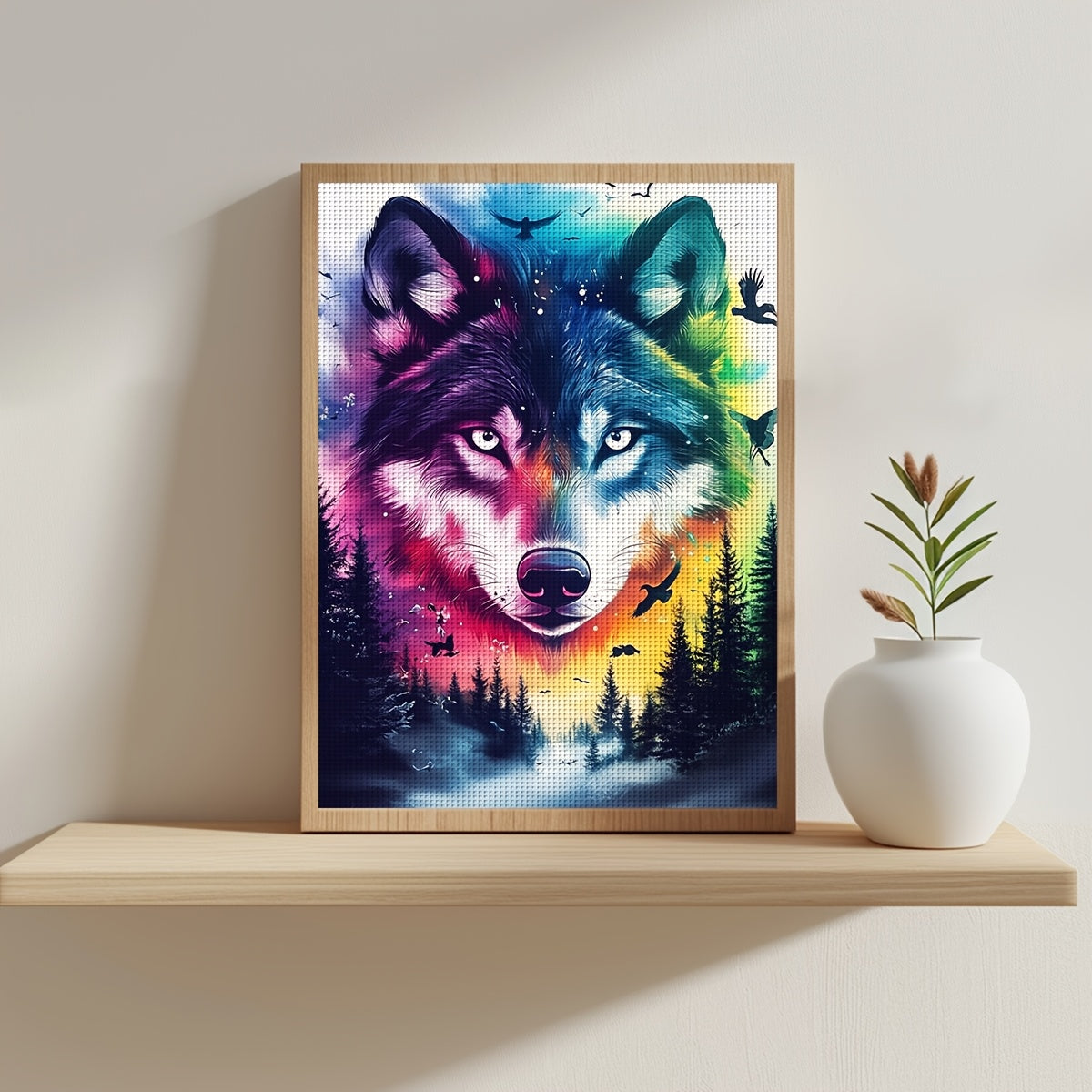 1pc Wolf Cross Stitch DIY Kit - 30x40cm/11.8x15.7" | Vibrant Forest & Moonlit Sky Design | Easy-to-Follow Pattern for Beginners | Includes Canvas, Needles, Threads, and Instructions | Perfect for Home & Office Decor | Ideal G