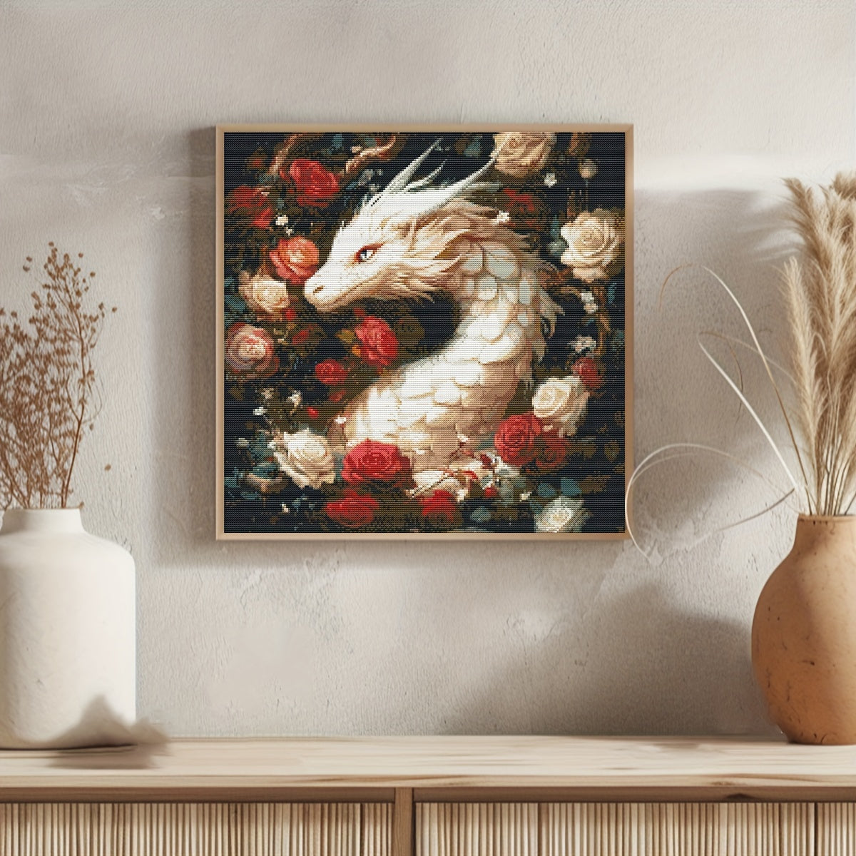 1set 40x40cm/15.7x15.7Inch DIY Cross Stitch Kit Frameless, The Dragon and Rose, stamped cross stitch kits, Cross Stitch Set for Home Decor, Includes Patterned Fabric & Threads, Perfect for Living Room Entrance or Bedroom Deco