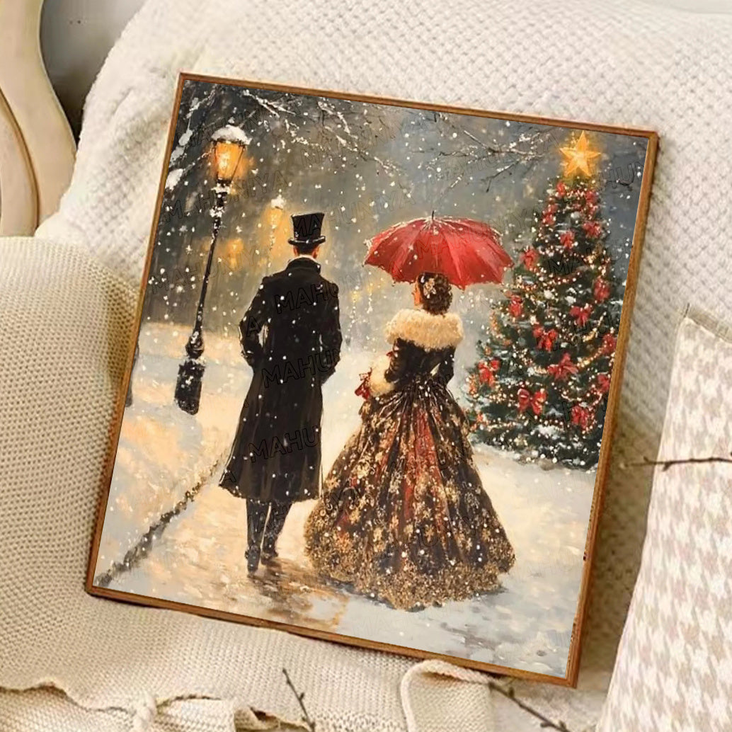MAHUNIYA NEW 5D Diamond Painting Kit for Adults - Victorian Winter Couple & Christmas Tree Scene with Red Umbrella, Snowy Oil Painting Art, Frameless Full Drill Round Diamonds, 40x40cm/15.75x15.75in Victorian DIY Craft, Holid