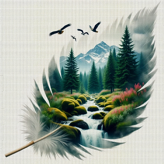 JOZYSH 1pc, 40x40cm/15.7x15.7in Cross Stitch Kit - Feather Landscape Wall Art, Detailed Mountain & River Scene with Birds, Ideal for Living Room or Bedroom Decor, All-Season Holiday Gift, Includes Printed Pattern, Fabric, Thr