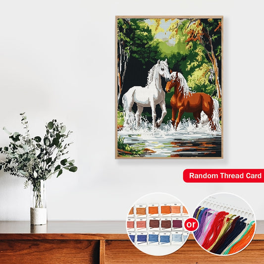 DIY Cross Stitch Kit by JOZYSH - 1pc, 30x40cm/11.8x15.7Inch, White and Brown Horses Pattern, Embroidery Crafts Set with Random Thread Board, Ideal for Living Room, Bedroom, and Home Decor Art Gift, Stamped Cross Stitch Kits,
