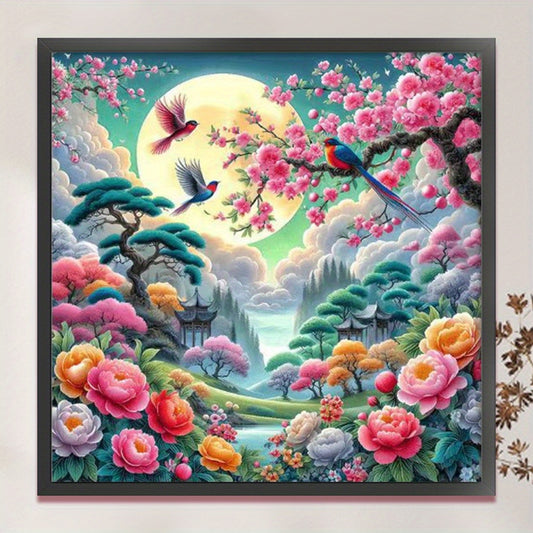 9CT Stamped Cross Stitch Kit - Spring Dance DIY Full Embroidery Canvas Art, Fantasy Nature Scenery Wall Decor with Vibrant Flowers & Birds, Ideal for Home & Office, Perfect Gift for Christmas, Anniversary, Housewarming, Craft