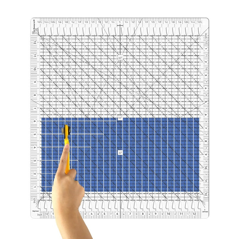 Large 12.5x12.5 Inch Quilting Ruler with Grip & 26-Slot Rotary Guide - Double-Sided 45°/60° Angle Markings, Non-Slip Grid for Fabric Cutting, Square/Strip/Ruler Templates (Compatible with Sewing Machines