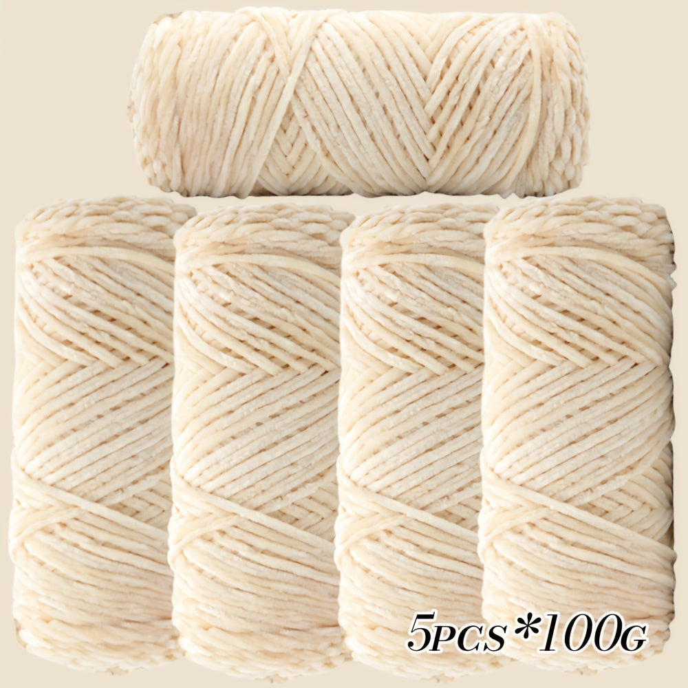 Large Ball Light Beige-Friendly Chenille Yarn 5pcs 500g - Ultra-Soft Velvet Yarn for Crocheting Blankets, Hats | Warm, Thick, Non-Deforming DIY Craft