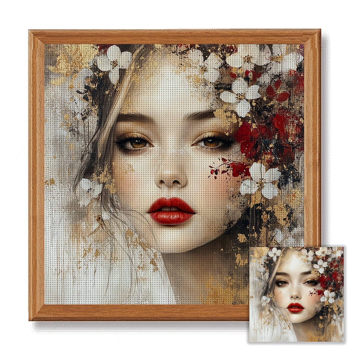 1 Set ZUOANLF 40x40cm/15.7x15.7" Frameless Cross Stitch Kit for Adults & Beginners - Complete DIY Embroidery Set with Printed Fabric, Threads, Needles, Hoop-Free Lady Face/Jewelry Chart - Handmade Art Gift, All-Season (Golden
