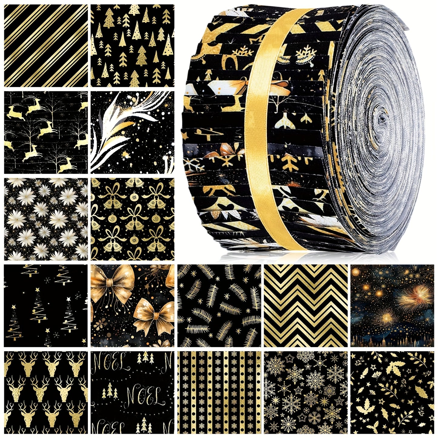 40pcs Black and Golden Christmas Jelly Fabric | 39.4 Inches Long Quilting Patchwork Roll, 2.55 Inch Precut Strips for Xmas Holiday Craft Sewing, Hand Wash Only, Print Pattern by DREYOO