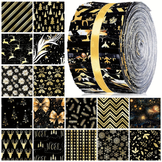 40pcs Black and Golden Christmas Jelly Fabric | 39.4 Inches Long Quilting Patchwork Roll, 2.55 Inch Precut Strips for Xmas Holiday Craft Sewing, Hand Wash Only, Print Pattern by DREYOO