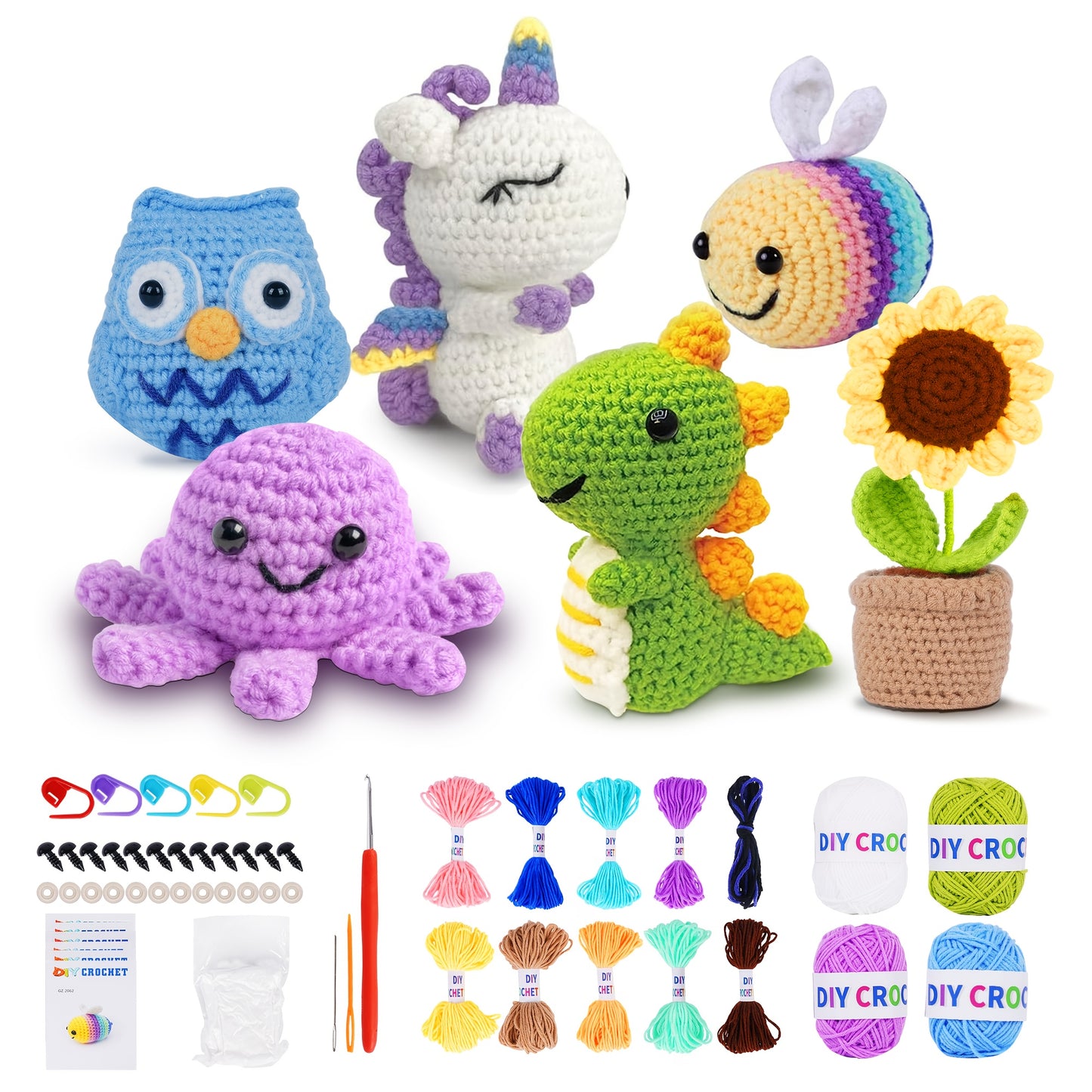 Fabric DIY Crochet Kit for Beginners - 6pcs Kawaii Amigurumi Animals Set, Mixed Color Yarn Plush Stuffed Animals, All Seasons Crafting Supplies