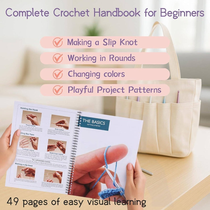 Beginner Crochet Kit u2013pcs Starter Set with 15 Colorful Yarns, Ergonomic Hooks, Complete Supplies, White Tote Bag, Accessories Case, Guide Book Online Video Lessons