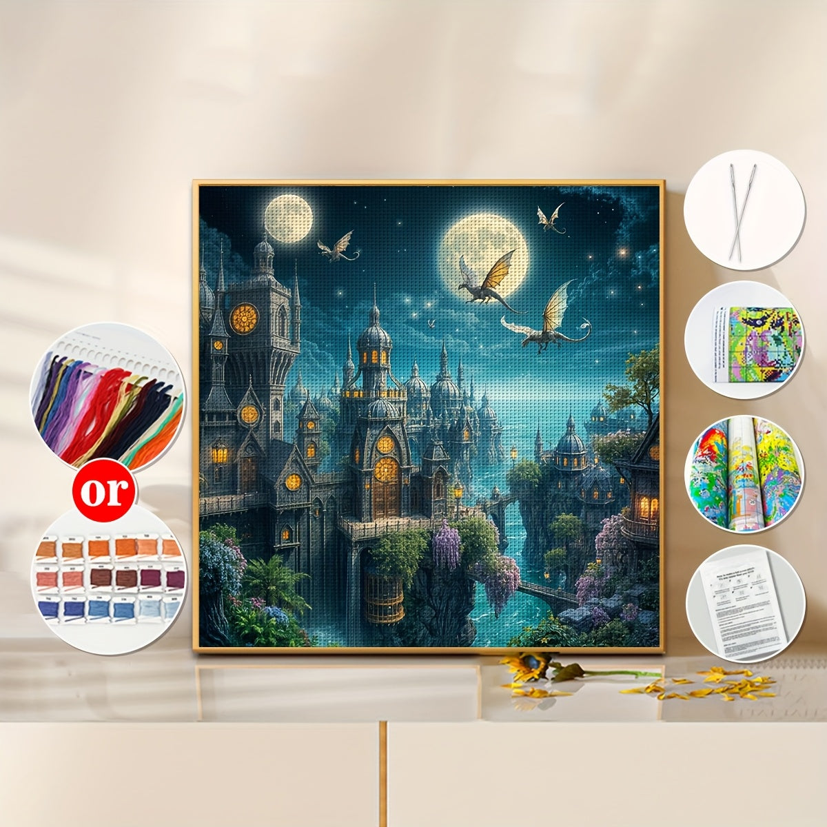 JOZYSH 15.75x15.75inch Fantasy Castle Town Cross Stitch Kit - Enchanted Moonlit Village with Dragons & Fairies, All-Season Fabric Cross Stitch Material, Perfect for Living Room, Bedroom Decor, or Home Art Gift, Bedroom Wall A