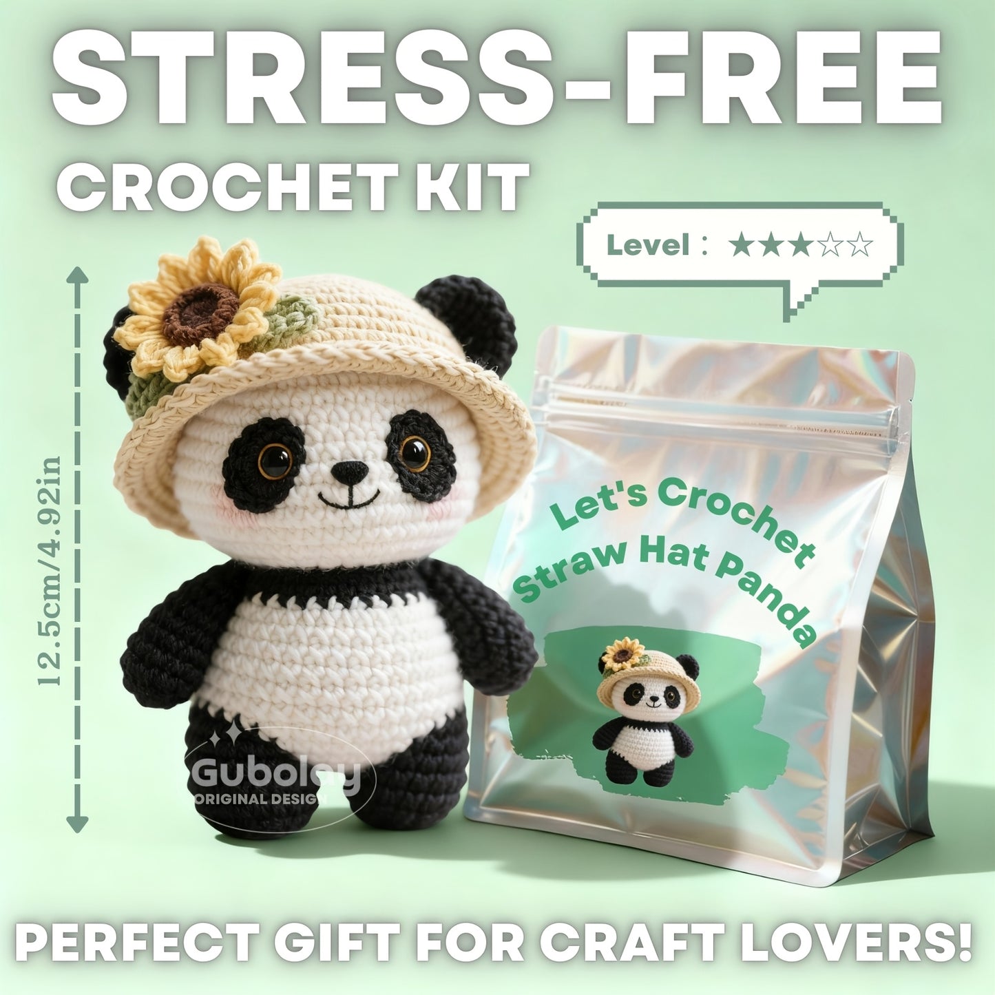Straw Hat Panda Crochet Starter Kit for Beginner Adults | Stress-Free Craft Kit with Step-by-Step Video Tutorial | Includes Extra Soft Acrylic Yarn, Hook, and Accessories | Playful Amigurumi Animal Doll Kit for All Seasons
