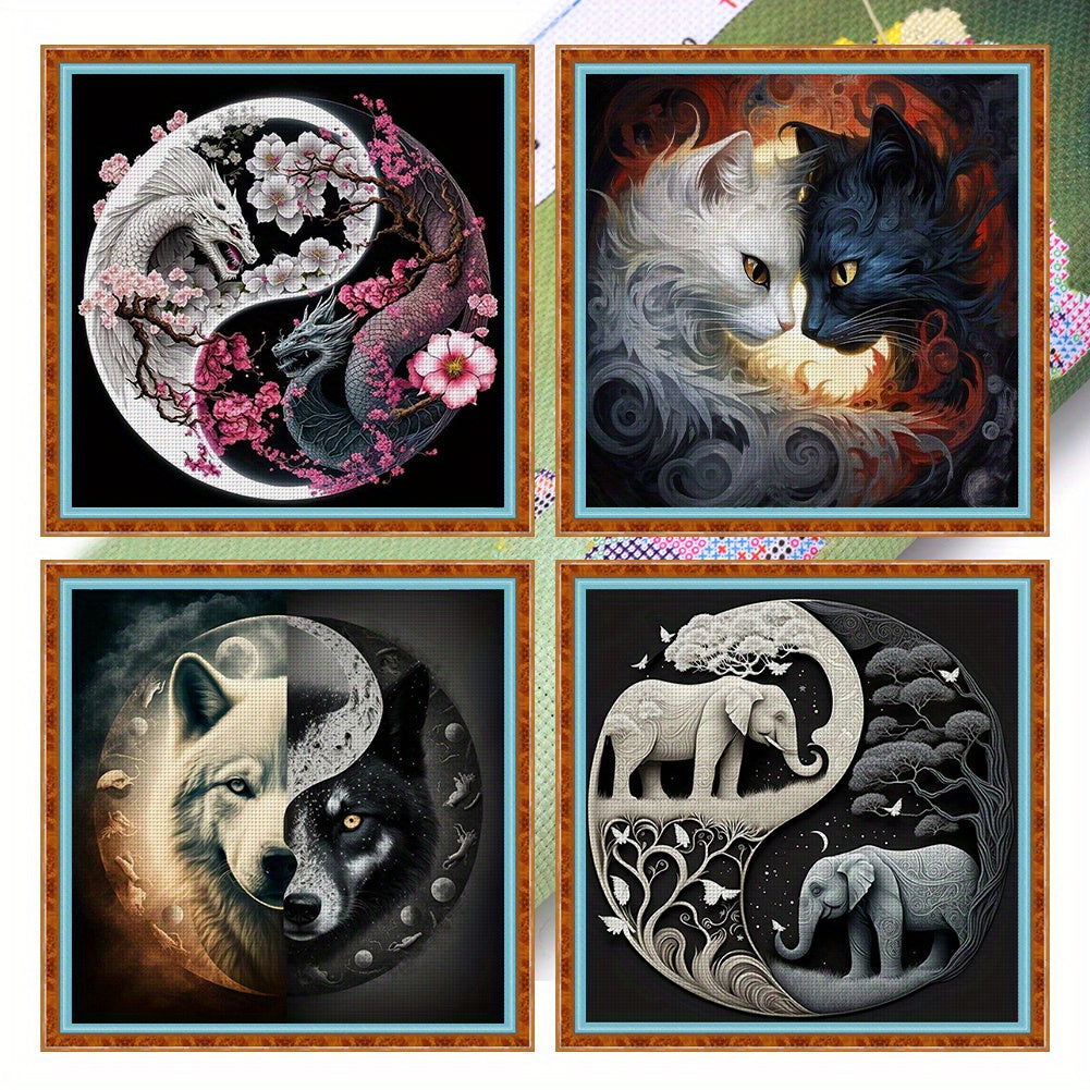 4pcs Animal Printed Cross Stitch Kit 15.75x15.75inch DIY 11CT Thread Art Needlework - Vibrant Cat, Wolf, Elephant & Zebra Designs, All-Season Fabric Craft for Home Decor, Wall Art, or Gift Idea, Cross Stitch Kits for Beginner