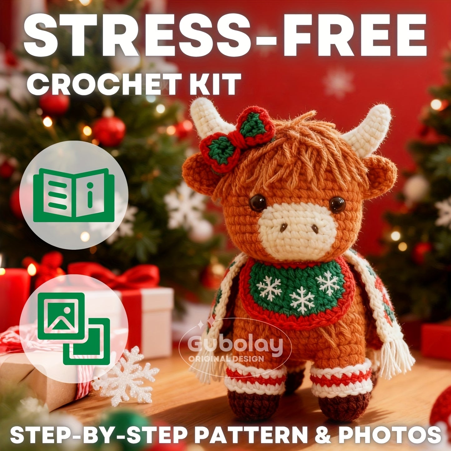 Christmas Highland Cow Crochet Starter Kit for Beginners - Step-by-Step Video Tutorial, Includes Pattern Guide, Soft Yarn & Hook with Accessories, Cute Amigurumi Animal Doll Design, Perfect Holiday Gift for Knitting Enthusias