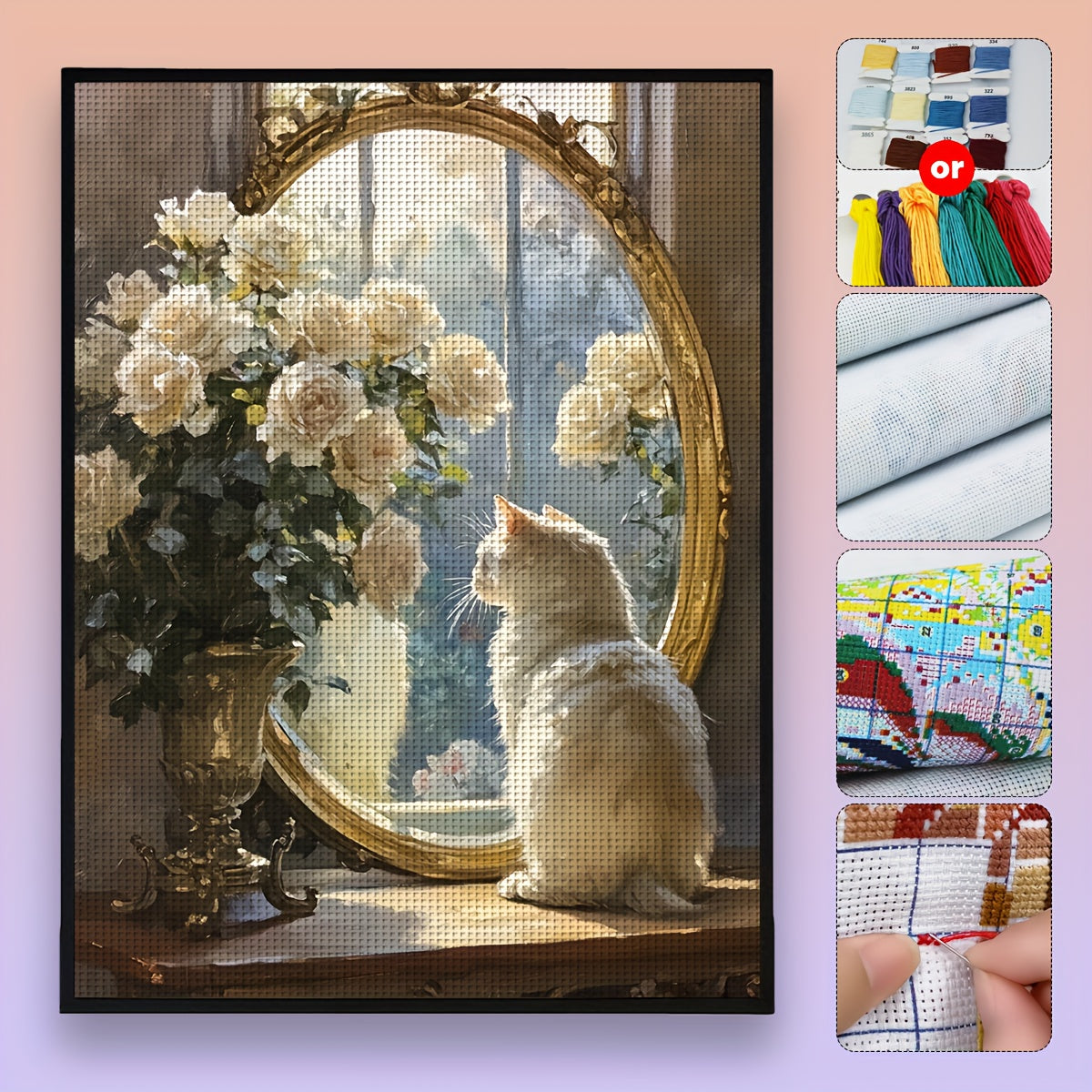 JOZYSH 1pc 11.81x15.75inch Cross Stitch DIY Kit - Adorable Cat and Roses Scene, Relaxing Adult Beginner Stitching Project with Printed Canvas, Needles, Threads, Patterns & Instructions - Perfect Gift for Friends, Home & Offic