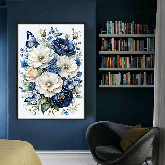 Blue And White Flowers And Butterfly - DIY Eco- Thread 11CT Stamped Flower Series Full Embroidery Cross Stitch Kit 15.75x23.62inch, with Tools, Embroidery Threads & Instructions - Good Gift for Craft Lovers and Art Enthusiast