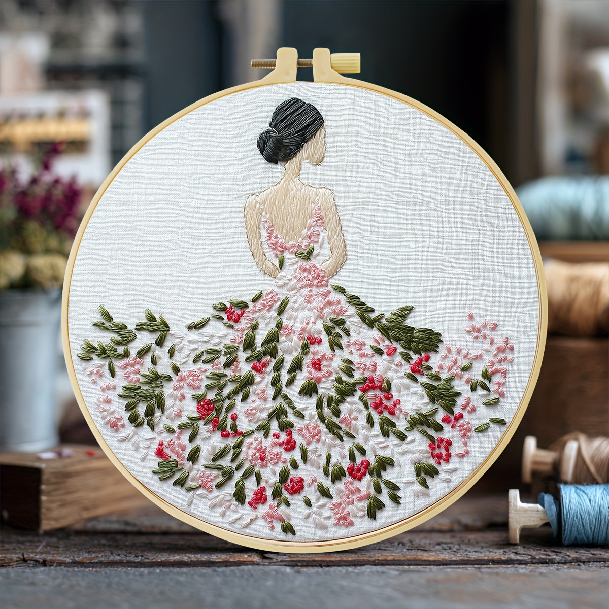 1pc JOZYSH Handmade DIY Dress Embroidery Kit for Adults & Beginners - Complete Set with Fabric, Threads, Hoop & Instructions - Pink/White Dress with Red Roses & Green Foliage - 20x20cm/7.9x7.9" Handcrafted Gift, Home Decor Ar