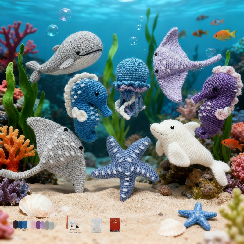 Handmade Crochet Yarn Marine Animal Kit - Cute Ocean-Themed Craft Set with Whales, Dolphins, Starfish & Coral Reef Design, All-Season Knitting & Crochet Supplies