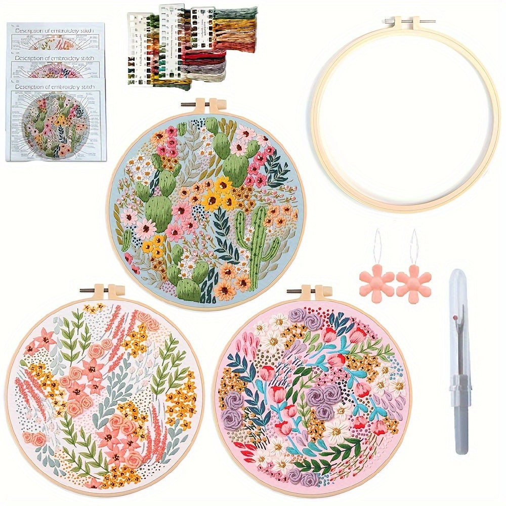 3pcs Embroidery Kit for Beginners Needlepoint Cross Stitch Kits for Adults,Stitch Learning DIY Kit with Easy Instruction