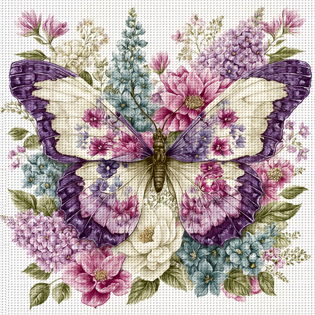 ZUOANLF 1set 40x40cm/15. 7x15. 7Inch DIY Cross Stitch Kit Frameless, Butterfly and Flowers, stamped cross stitch kits, Embroidery Set for Home Decor, Includes Patterned Fabric & Threads, Perfect for Living Room Entrance or Be