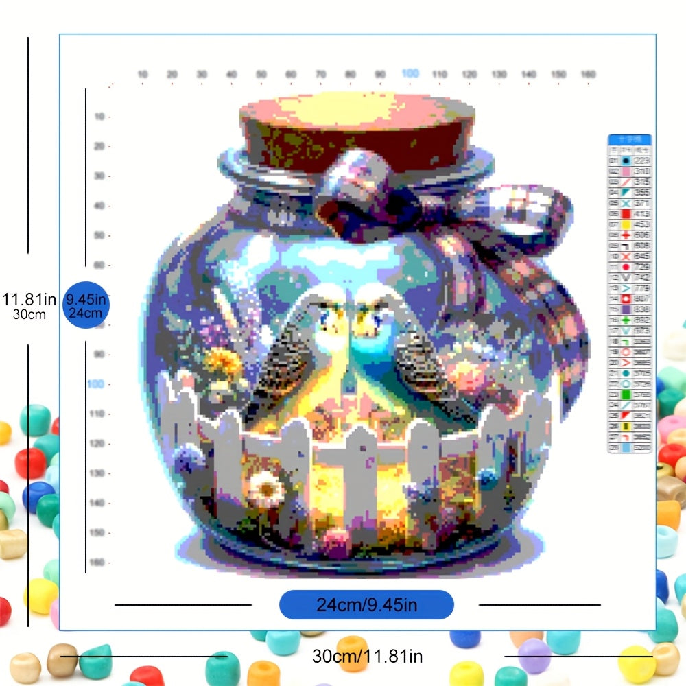 DIY Bead Embroidery Art 11CT Printed Canvas Romantic Budgie Pair in Glass Jar Threads Home Decoration Cross Stitch Kits Birds & Flowers Theme Needles Threads Gift Set
