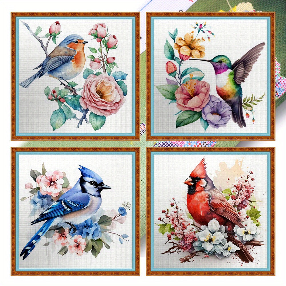 4pcs Floral Bird Cross Stitch Kit - DIY 11CT Printed Animal Series, 7.87x7.87inch, Includes Tools, Threads & Instructions - Perfect Gift for Craft and Art Lovers, All-Season Fabric Craft Kit, Crafting Supplies|Vibrant Cross S