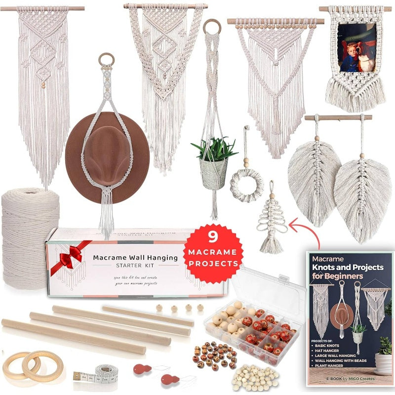 115pcs Complete Macrame Kit for Beginners with 9 Step-by-Step Bohemian Crafts Book & 220yd Yarn (115 Supplies) - DIY Wall Hanging, Plant Hanger, Tassel Garland, Cord Projects - Macrame Making Craft for Adults, Complete Starte