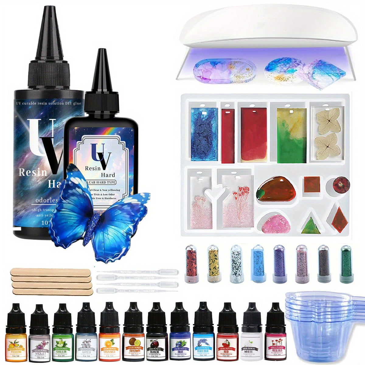 Complete UV Resin Starter Kit with Low-Odor UV Lamp & Silicone Mat - Epoxy Resin Craft for Jewelry Making, DIY Crafts, River Table Effects, Pendants, Charms - Compatible with Resin (No-Mix Formula)