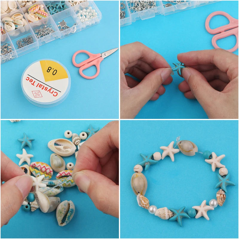15 Grid Colorful Ocean Shell And Stone Beads Kit Metal Pendant For DIY Craft Jewelry Making Accessories Set