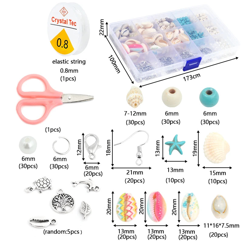 15 Grid Colorful Ocean Shell And Stone Beads Kit Metal Pendant For DIY Craft Jewelry Making Accessories Set