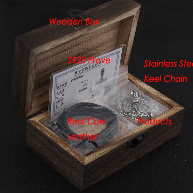 S925 Sterling Silver Viking beard Beads Hair Beads with keel chain and cow leather chain and vintage wood box as gift