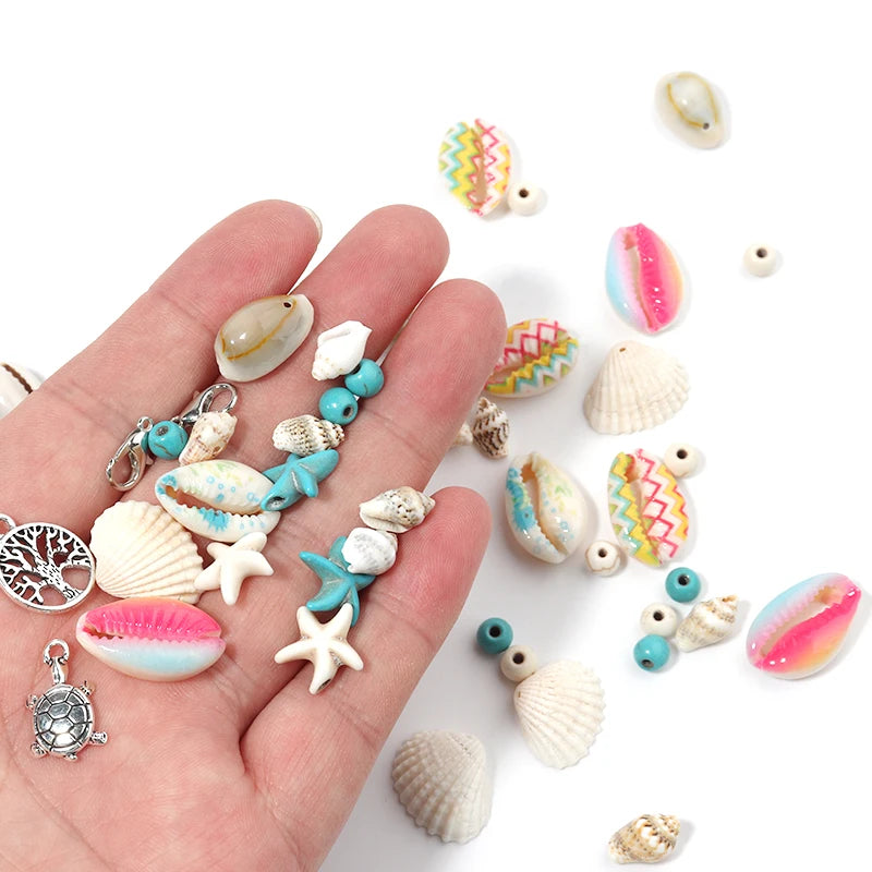 15 Grid Colorful Ocean Shell And Stone Beads Kit Metal Pendant For DIY Craft Jewelry Making Accessories Set