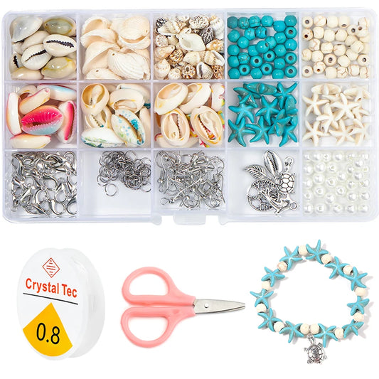 15 Grid Colorful Ocean Shell And Stone Beads Kit Metal Pendant For DIY Craft Jewelry Making Accessories Set
