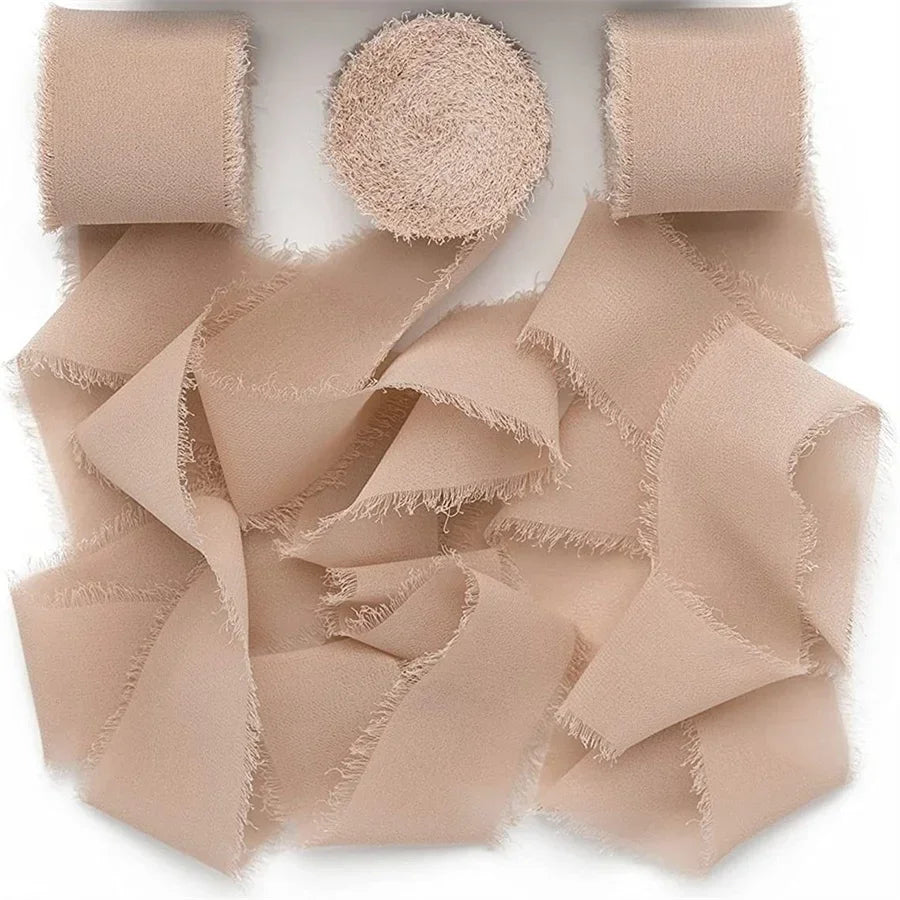 3 Roll/set 5m Frayed Edged Satin Handmade Chiffon Silk Ribbon For Wedding Invitation Bouquets Birthday Party DIY Decoration Gift