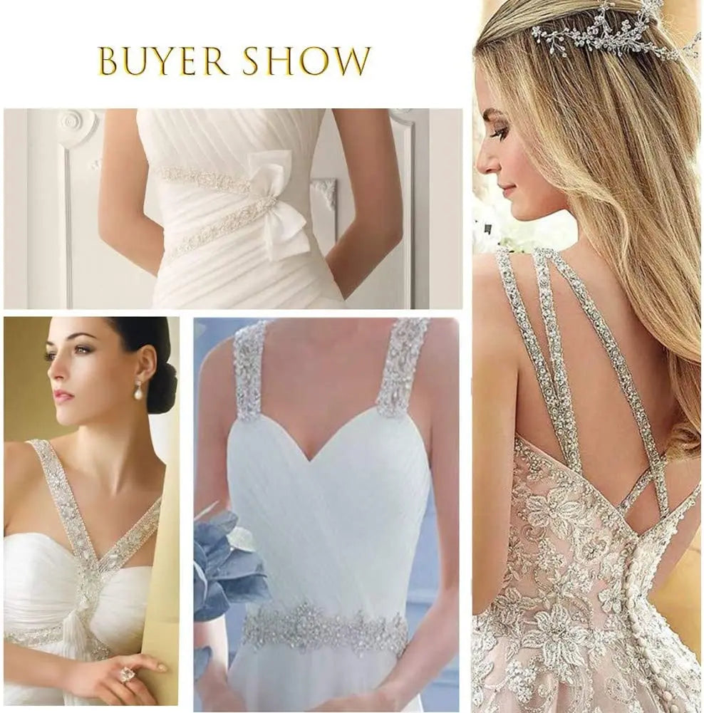 1 Yards Pearl Beaded Trim Bridal Lace Ribbon Crystal Rhinestone Applique Trim straps for Craft Sewing Wedding Dress DIY Fabric