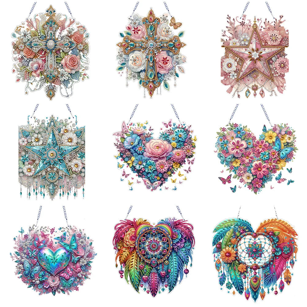 Flower 2D/Flat DIY Special Shape Hanging Diamond Art Kits Diamond Painting Set Diamond Art Pendant Wall Decor for Home & Windows