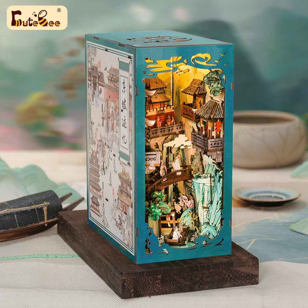 CUTEBEE Antiquity Book Nook Chinese Style Doll House Kit with Touch Light Dust Cover Bookshelf Insert Toy Su Dongpo's Life