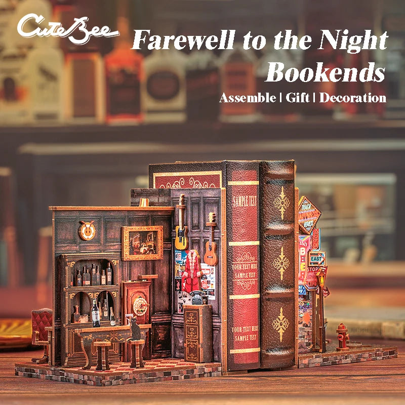 CUTEBEE 3D Bookends DIY Dollhouse Wooden Bookshelf Insert Book Nook Decoration 3D Puzzle Toy for Gifts Farewell to the Night