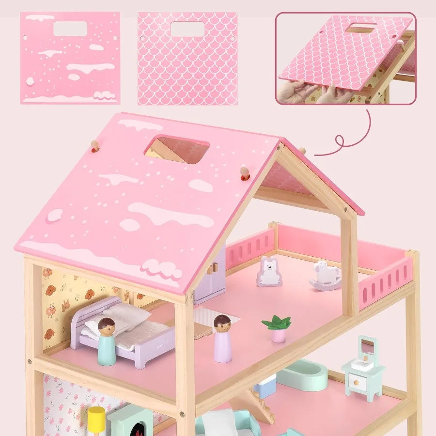 Large Pink Wooden Dollhouse 7Room 3Story Doll House with 38Pc Furniture and Accessories Balcony Montessori Pretend Play Gift fo
