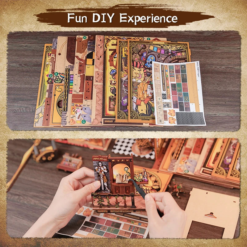 CUTEBEE DIY Book Nook Kit Wooden Dollhouse with Touch Light Magic Bookshelf Insert Decor for Gift Fantastic Animal Common Room