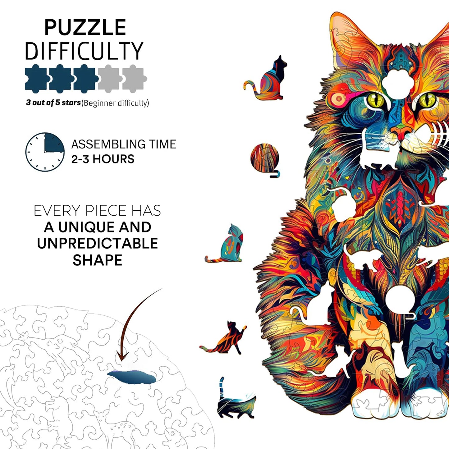 Wooden Cat Puzzle 29x36cm Art Jigsaw for Kids, Irregular Cat Pattern Wooden Puzzle Family Activity Gift