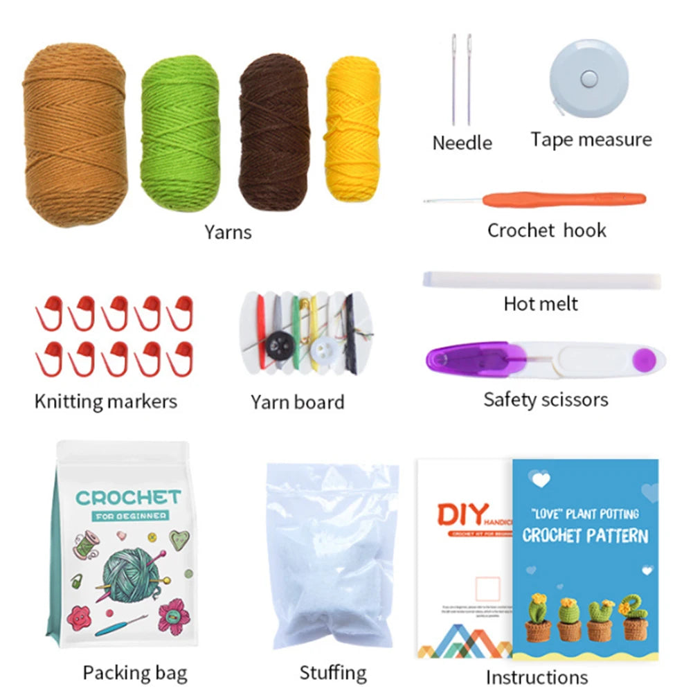 4Pcs Potted Plants Crochet Starter Kit DIY Crochet Set with Step-by-Step Video Tutorials for Beginners Adults