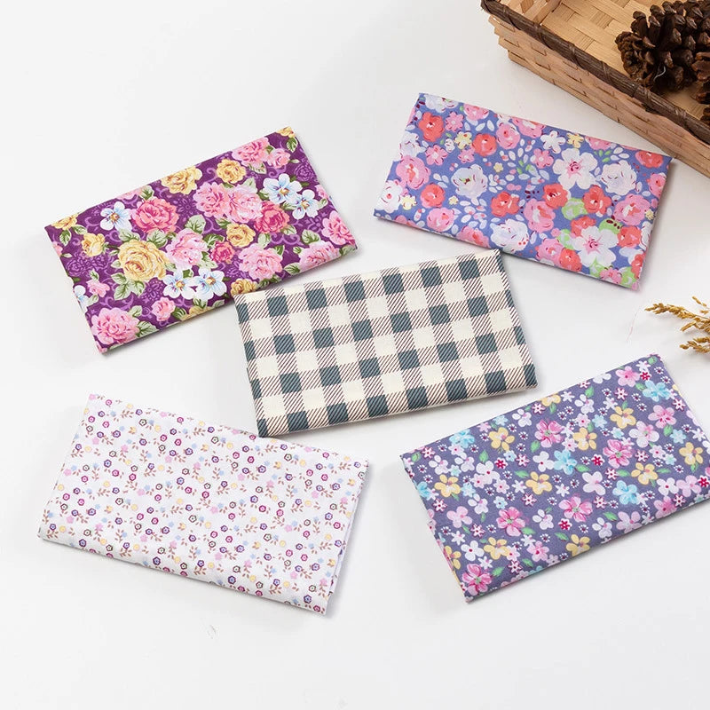 5Pcs/Set 25cmX25cm Floral Plaid Dot Stripes Print Cotton Fabric Sewing Quilting Cloth Patchwork Needlework Handmade DIY Material
