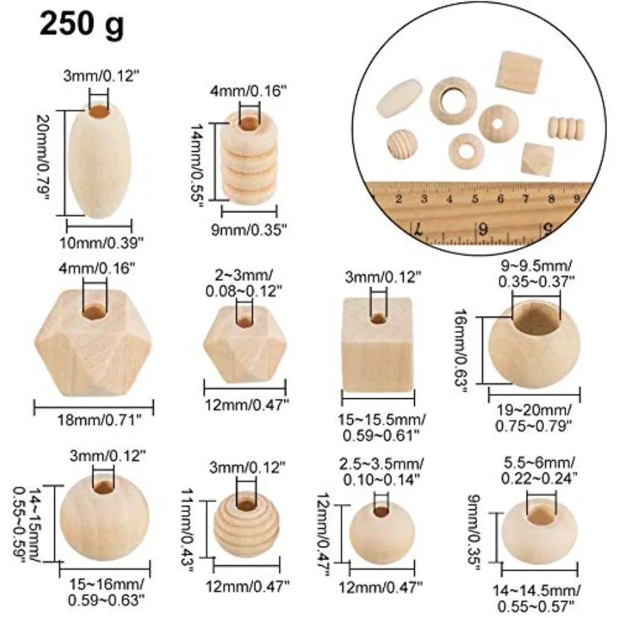 PandaHall 250300pcs Natural Wooden Bead Round Cube Rondelle Oval Wood Beads 1220mm Unfinished Wooden Bead Loose Spacer Wood Bea