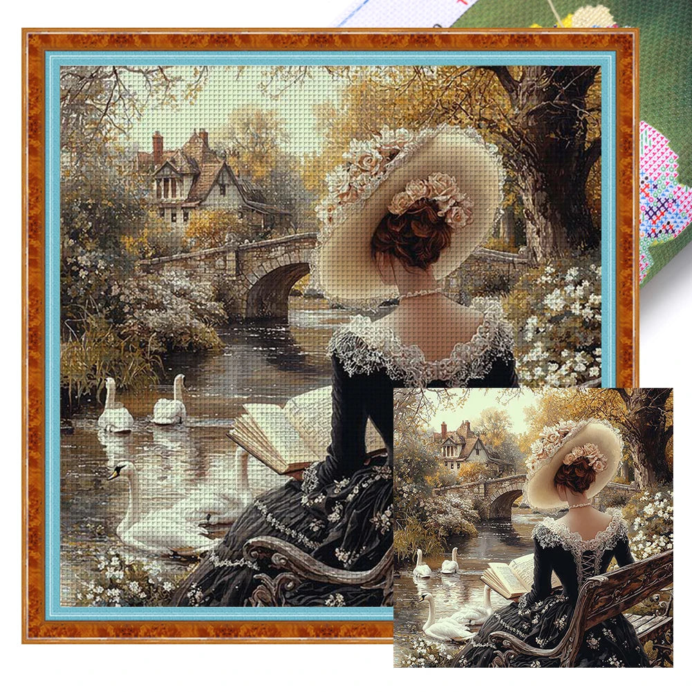 Full Embroidery Eco-cotton Thread 11CT Printed Girl Cross Stitch Kit Art 50x50cm