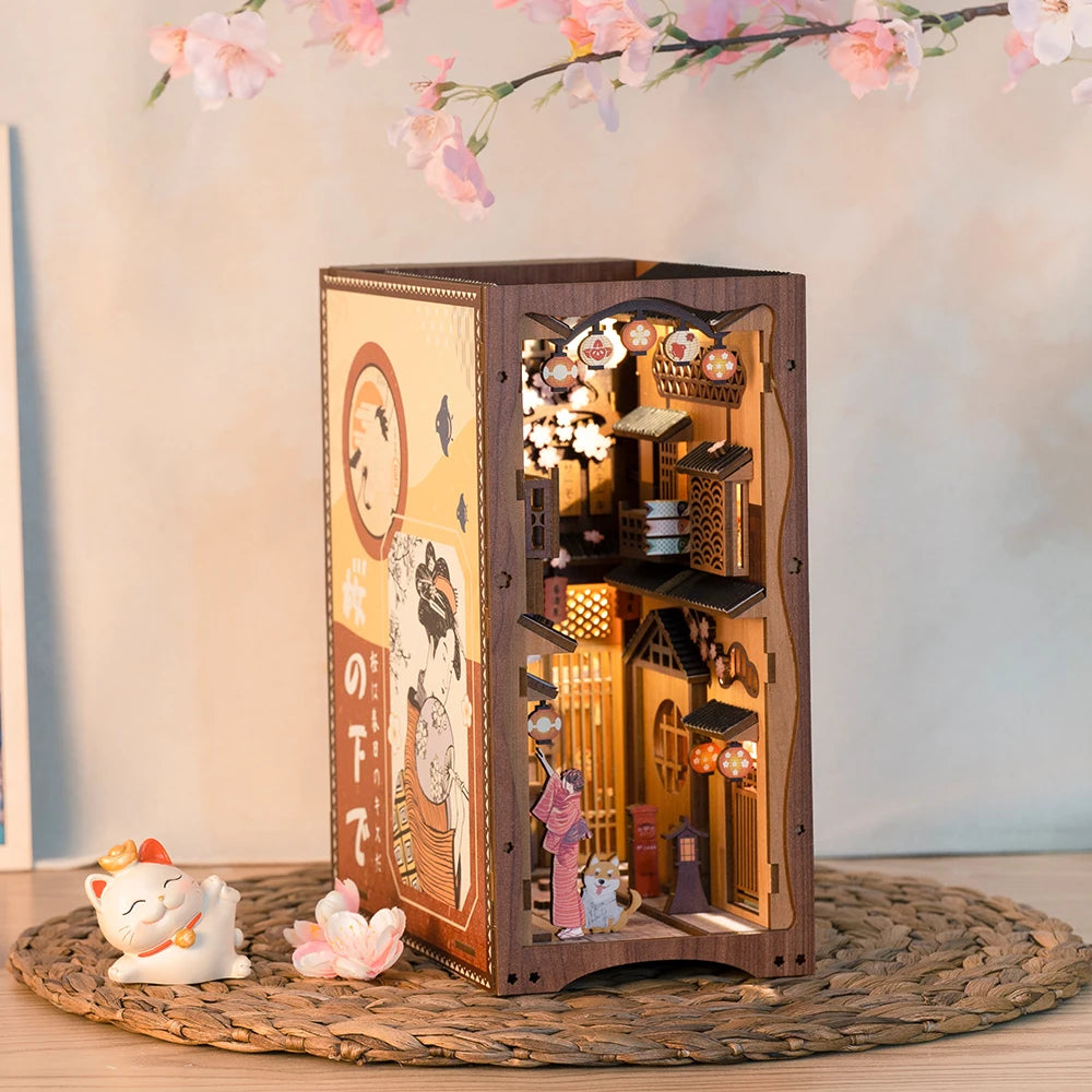 Cutebee DIY Book Nook Sakura Miniature Dollhouse Bookshelf Insert Japanese Wooden Bookend 3D Lighting Building for Kid Gifts