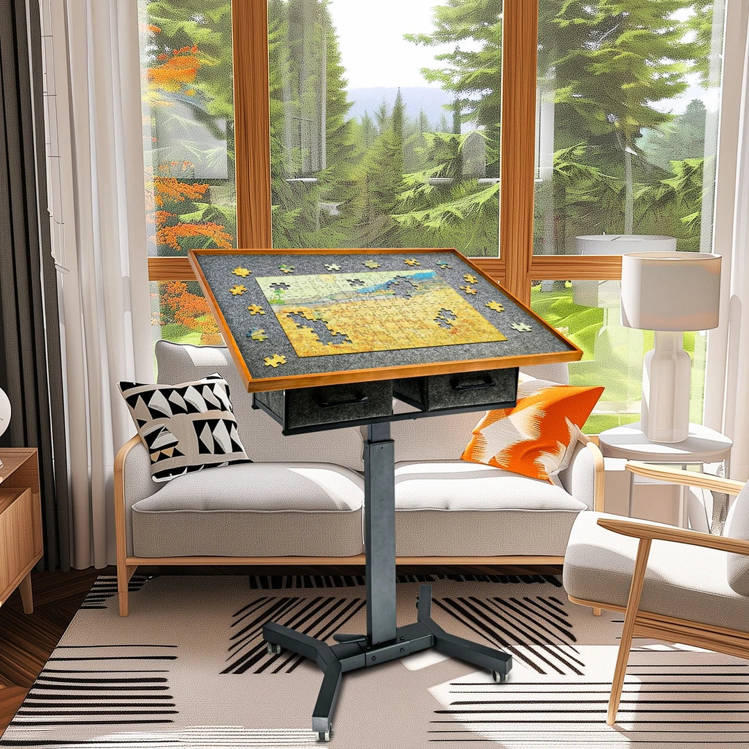 Freestanding Jigsaw Puzzle Table w/ Drawers, Adjustable 1500pcs Board, 360° Rotating Wheels, Portable Workstation