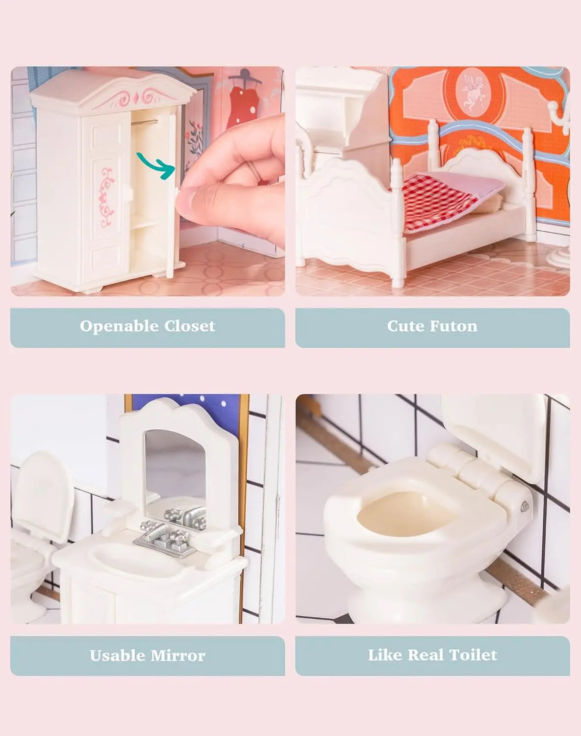 Robotime Robud Wooden Dollhouse 28PCS Furniture Plastic for 3.3”Dolls Birthday Presents for Boy Grils 3+