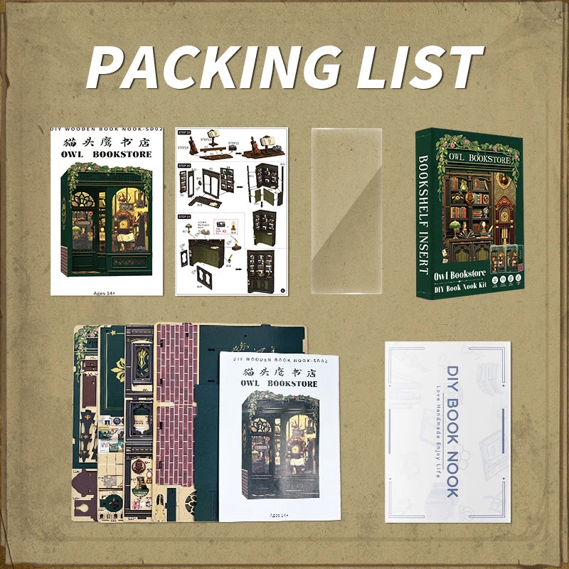 Cutebee 3D Wooden Puzzle Miniature Model Kits Owl Bookstore Mini DIY Doll House Home Decor for Family Unique Birthday Gifts